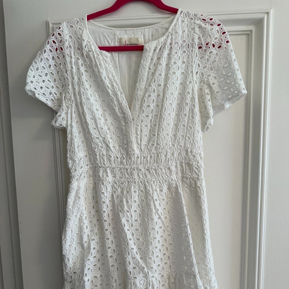 by Anthropologie: White Eyelet V-Neck Mini Dress, Size Medium